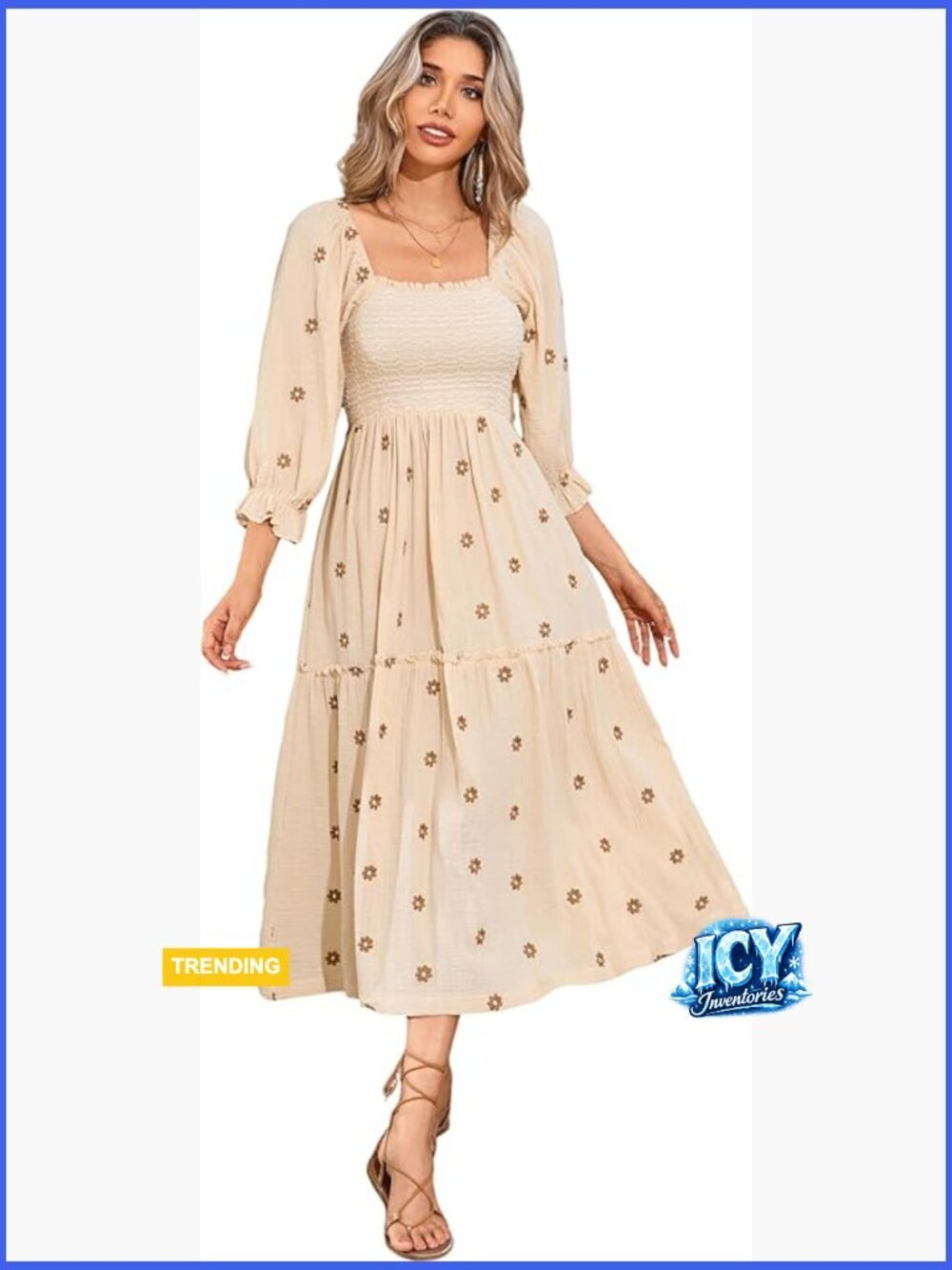 Cotton Boho Midi Dress with Floral Embroidery and Pockets